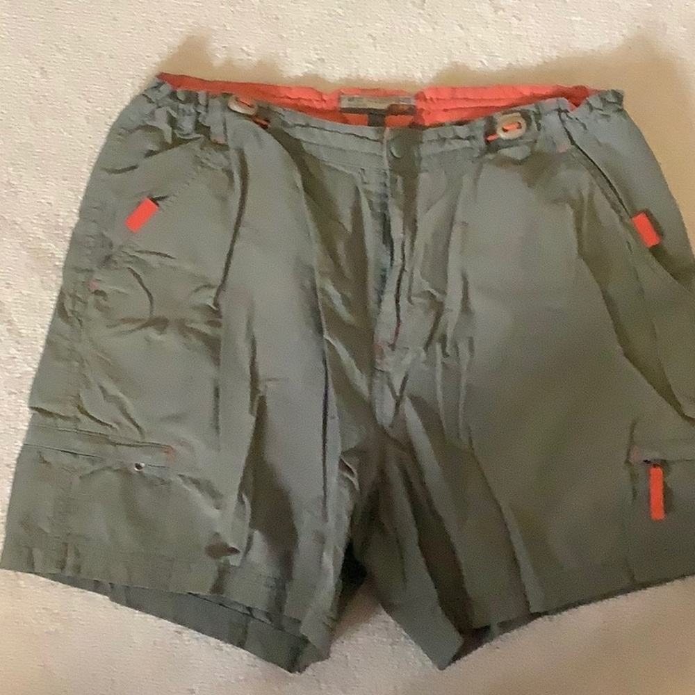 Women’s Olive Green Cargo Shorts with Orange Accents